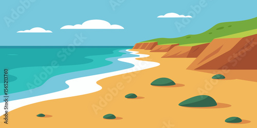 Sun-drenched tropical beach with turquoise ocean waves meeting golden sand under a blue sky, inviting a perfect summer vacation