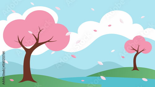 A vibrant spring landscape vector illustration features a tree with heart-shaped leaves and colorful flowers under a bright sky, evoking the joyful essence of nature's renewal