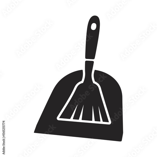Black silhouette of a dustpan and brush isolated on white background