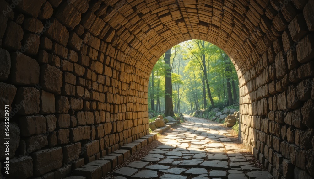 Fototapeta premium Mysterious Stone Tunnel Leading to a Forest, Evoking Journey and Discovery