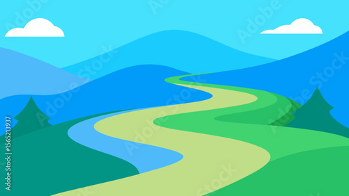 Green meadow and hills with a road leading to blue mountains under a clear sky, an idyllic nature illustration
