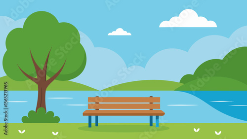 A lone wooden bench overlooks a serene park landscape with trees, green grass, and a blue sky, ideal for a summer outdoor retreat by the river or lake