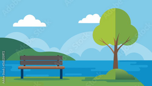 A tranquil summer landscape with a lone bench under a tree, overlooking a green meadow and distant hills under a blue sky