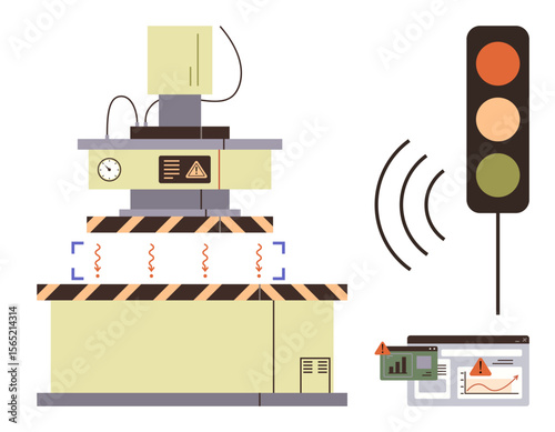 Automated machine with safety signals, analytics dashboard, and warning system. Ideal for safety, automation, technology, industry, data monitoring, intelligent systems streamlined production