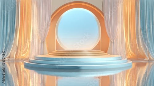 A serene circular stage with soft draped curtains and warm lighting, reflecting gently on a glossy floor under a clear blue sky.