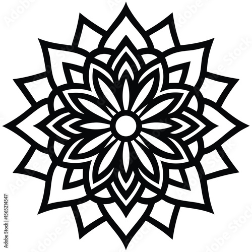 Intricate Black and White Floral Mandala Design with Geometric Petals and a Central Circle Creating a Harmonious Pattern