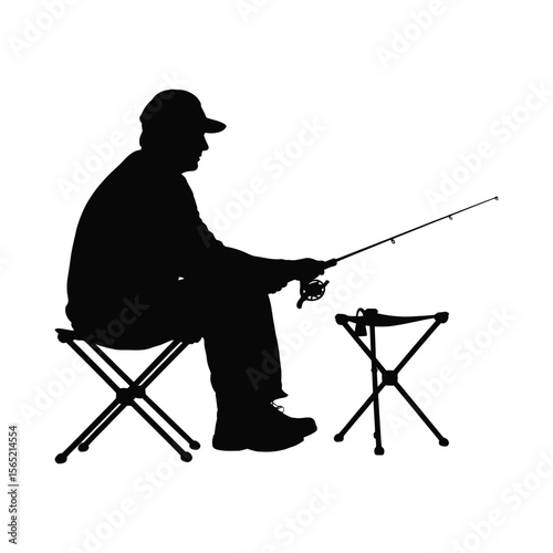 Man fishing from a folding chair silhouette isolated on white background