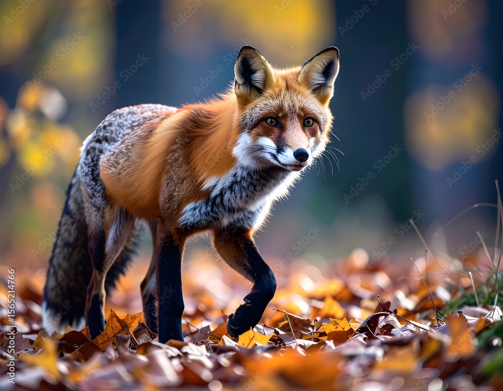 Fototapeta premium A vibrant red fox stands gracefully amidst a carpet of fallen autumn leaves in a blurred forest, looking intently upwards.