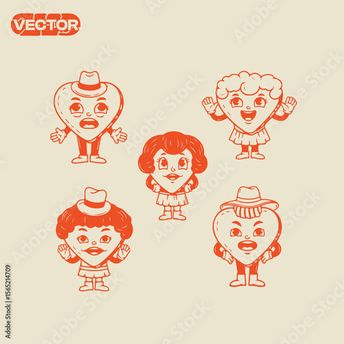 Charming Heart Family Characters Vintage Vector Illustrations