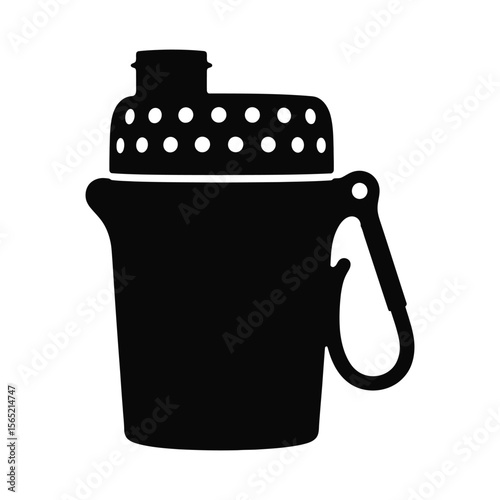Black silhouette of a shaker bottle with a carabiner clip isolated on white background