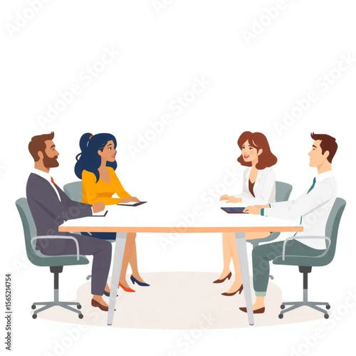 A group of four leaders are sitting at a conference table, engaged in discussion. The setting is modern, with clean lines and natural light.