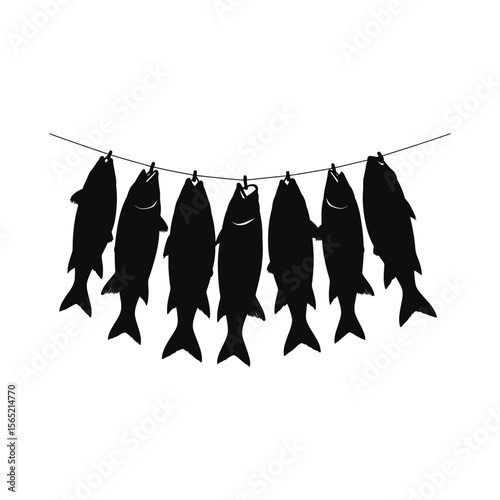 Seven fish hanging on a clothesline silhouette isolated on white background