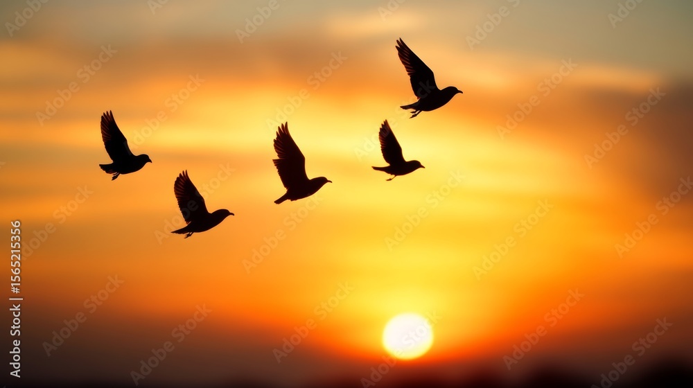 Fototapeta premium silhouette of birds flying in sunset sky, dramatic colors