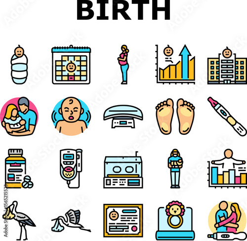 birth pregnancy newborn infant icons set vector
