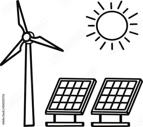  Turbines Solar Panel. icon with cell, wind power plant and sun, renewable energy