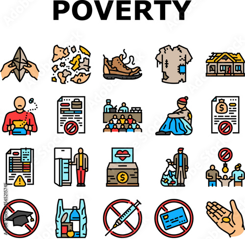 poverty inequality unemployment icons set vector