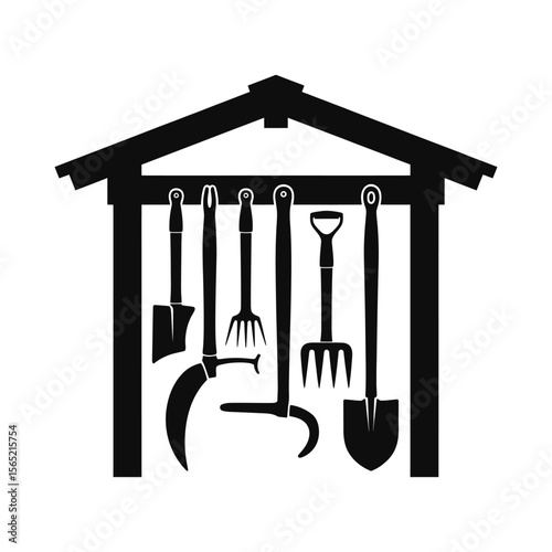 Collection of garden tools hanging in a shed silhouette isolated on white background