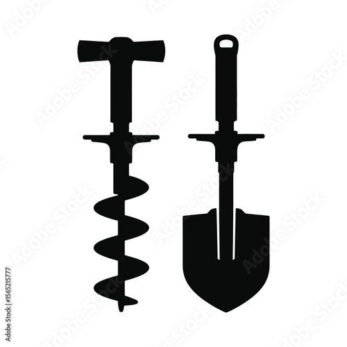 Black silhouette of an auger and a shovel isolated on white background silhouette
