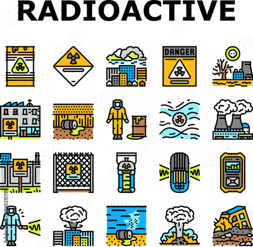 radioactive pollution icons set vector