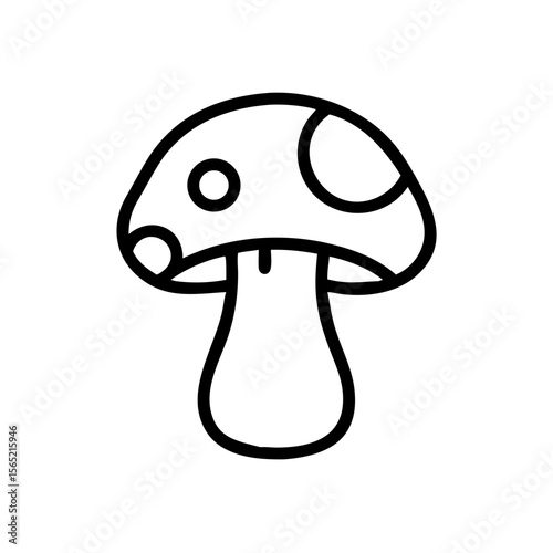Minimalist black outline vector icon of an amanita mushroom with a spotted cap and stem, symbolizing forest nature, poison, and autumn. Clean design on a transparent background