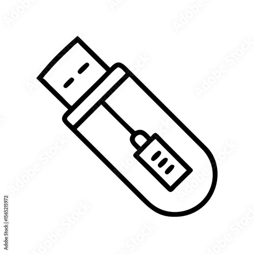 Minimalist black outline vector icon of a USB flash drive, symbolizing portable storage, digital data transfer, and technology use. Isolated on a transparent background