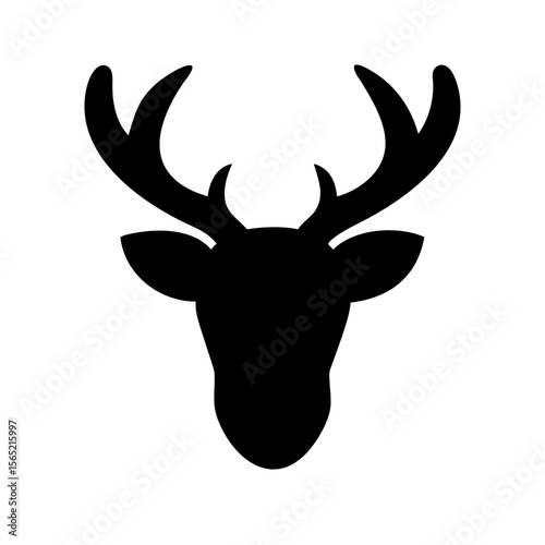 Black vector icon of a deer head silhouette, symbolizing Christmas, New Year, and winter holidays. Clean, simple design on a transparent background