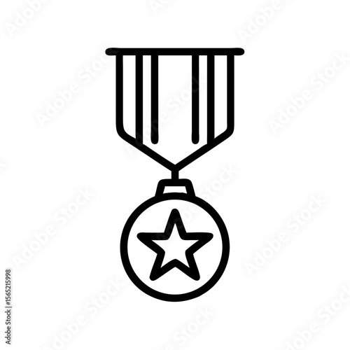 Minimalist black outline vector icon of a military medal with a star in the center, symbolizing honor, bravery, and armed service. Isolated on a transparent background