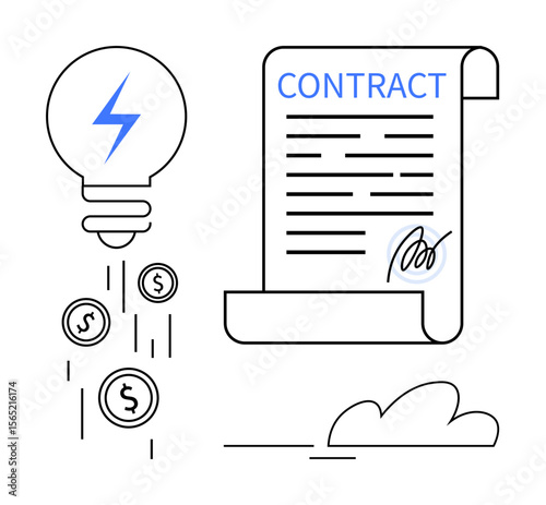 Lightbulb emitting flowing coins beside a signed contract scroll. Ideal for innovation, investment, funding, ideas, agreements, entrepreneurship, and financial planning concepts. A simple flat
