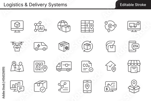 A set of editable line icons related to Logistics & Delivery Systems. This vector file contains fully editable stroke lines for easy customization