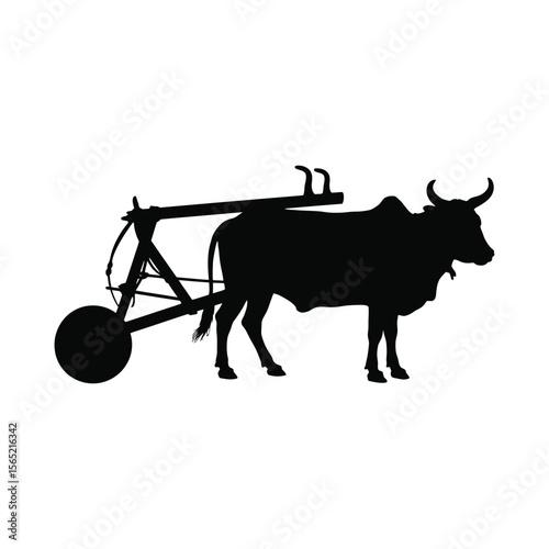 Ox pulling a traditional plow silhouette isolated on white background