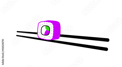 Close up of sushi roll held by chopsticks on white background with space for text
