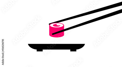 Chopsticks picking up a pink sushi roll from a black plate on a white background with copy space
