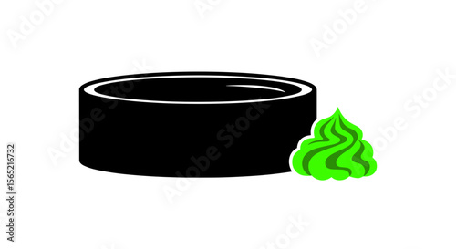 Black bowl with a dollop of green wasabi on a white background with copy space