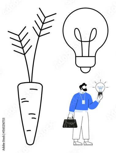 Carrot, large glowing light bulb, man holding light bulb with briefcase, representing creativity and innovation. Ideal for growth, solutions, agriculture, inspiration, productivity leadership