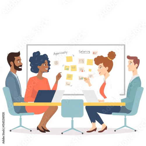 A diverse group of six coworkers are brainstorming ideas around a whiteboard. They appear focused and collaborative, with laptops and notes in front of them.