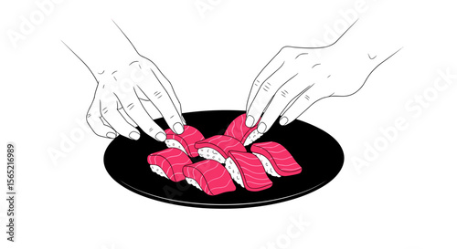 Hands picking up pink sushi pieces from a black plate on a white background with copy space
