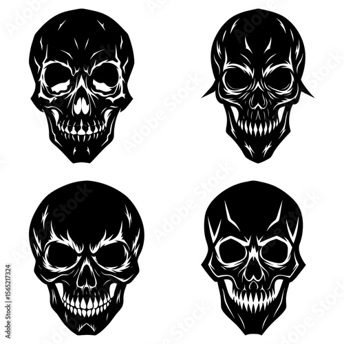 Four stylized black skulls with varying designs and menacing expressions on a white background art