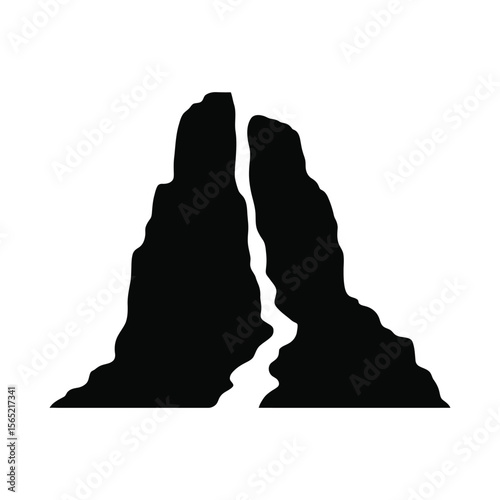 Abstract black silhouette of two jagged mountain peaks with a narrow gorge between them isolated on white background silhouette