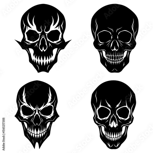 Four black and white skull illustrations with varying designs and expressions arranged in a square format