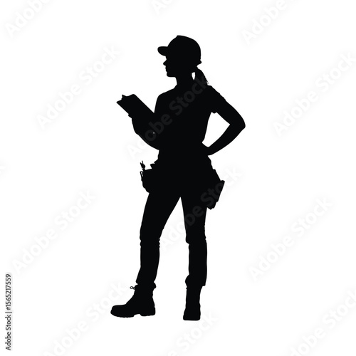 Female construction worker with tool belt holding plans silhouette isolated on white background