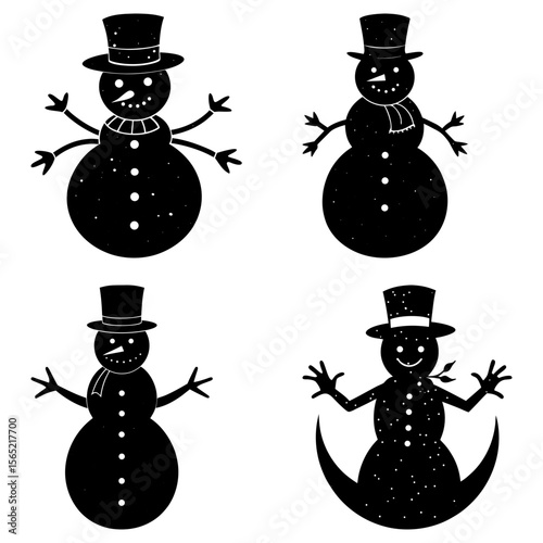 Four black and white snowman illustrations with top hats and twig arms on a white background scene view