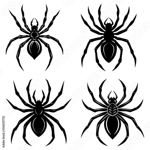 Four black spider illustrations with detailed legs and bodies arranged in a square formation design
