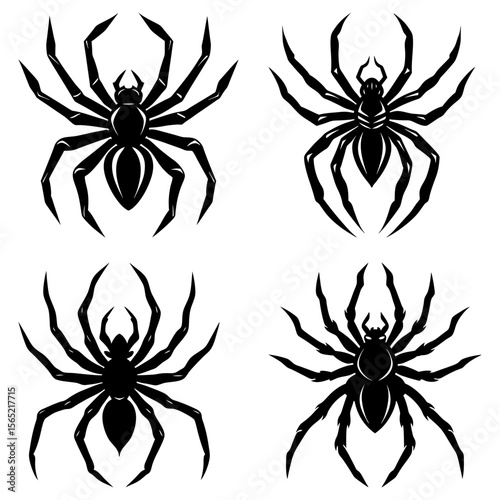 Four stylized black spider illustrations with eight legs each on a white background design element vector