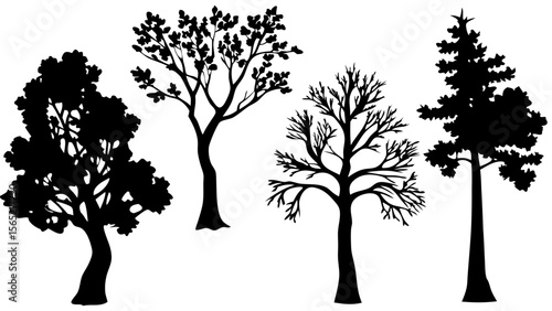 Silhouette tree line drawing set in side view. Collection of black tree outlines with various natural shapes, isolated on white background. Ideal for landscape, nature, and outdoor design.
