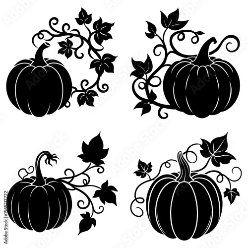 Four pumpkin silhouettes with vines and leaves in a decorative arrangement on a white background design