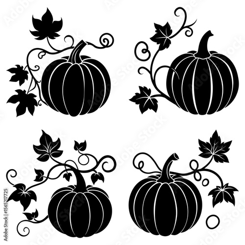 Four black pumpkins with leaves and vines in a decorative arrangement for autumn or halloween decor use