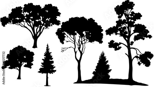 Silhouette tree line drawing set in side view. Collection of black tree outlines with various natural shapes, isolated on white background. Ideal for landscape, nature, and outdoor design.