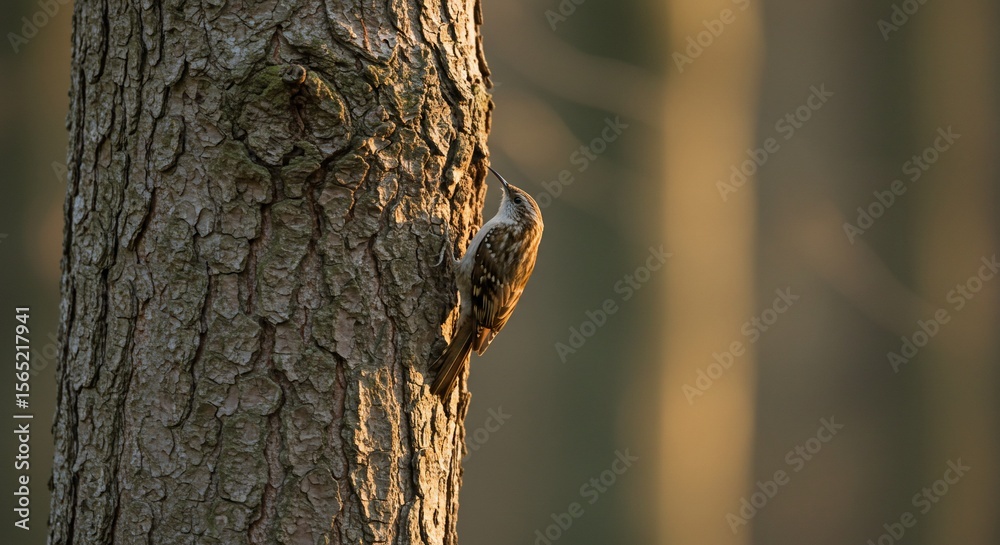 Obraz premium Eurasian Treecreeper Ascending Textured Tree Trunk in Golden Hour Light