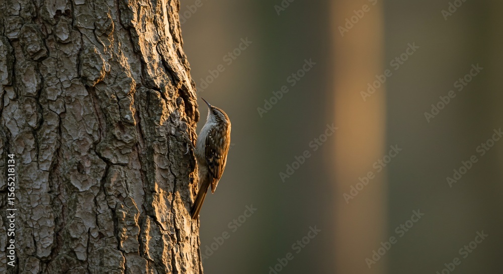 Obraz premium Eurasian Treecreeper clinging to textured bark in golden light