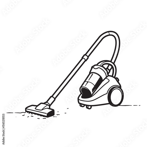 Black and white illustration of a modern vacuum cleaner cleaning a floor surface